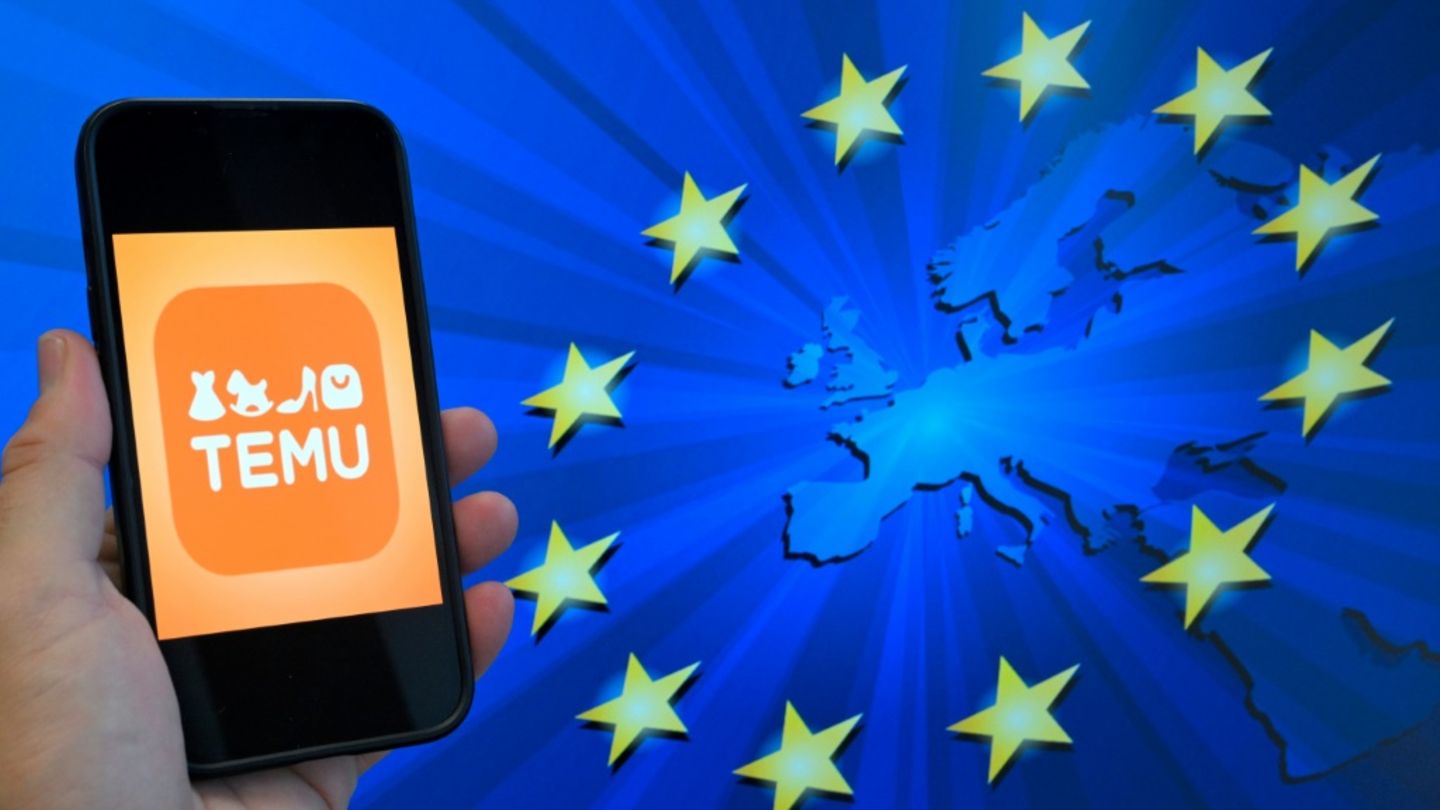 Temu-Logo und EU-Flagge