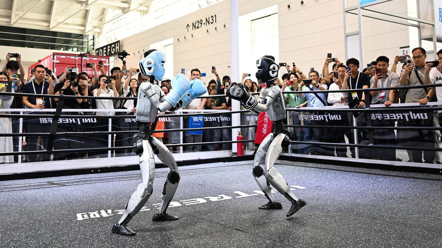 Tianjin, China. Jetzt gibt’s ein paar auf die elektronische Zwölf! Auf der World Intelligence Expo beobachten Zuschauer humanoide Roboter beim Boxkampf. Die Expo wurde am Donnerstag unter dem Motto „Intelligenz: Umfangreicher Entwicklungsspielraum, Motor für nachhaltiges Wachstum“ eröffnet. Blut fließt immerhin keines bei diesem Fight.