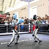 Tianjin, China. Jetzt gibt’s ein paar auf die elektronische Zwölf! Auf der World Intelligence Expo beobachten Zuschauer humanoide Roboter beim Boxkampf. Die Expo wurde am Donnerstag unter dem Motto „Intelligenz: Umfangreicher Entwicklungsspielraum, Motor für nachhaltiges Wachstum“ eröffnet. Blut fließt immerhin keines bei diesem Fight.