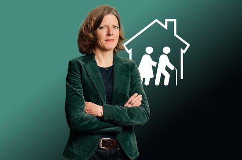 Montage zeigt Nadine Oberhuber vor einem Icon eines Pflegeheim