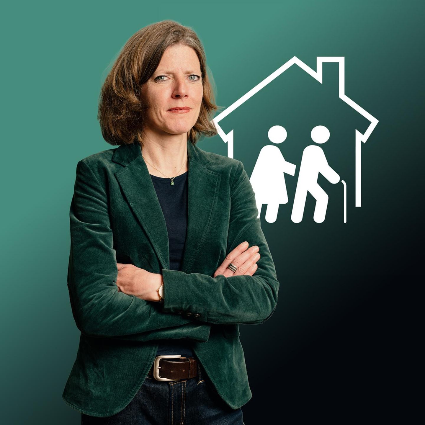 Montage zeigt Nadine Oberhuber vor einem Icon eines Pflegeheim