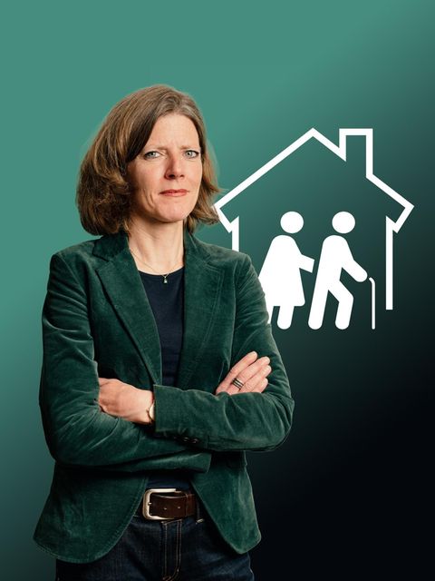 Montage zeigt Nadine Oberhuber vor einem Icon eines Pflegeheim