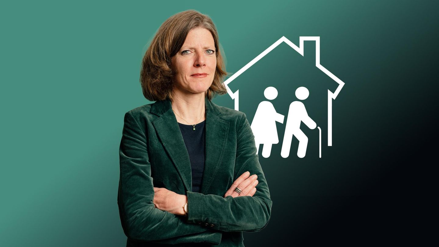 Montage zeigt Nadine Oberhuber vor einem Icon eines Pflegeheim