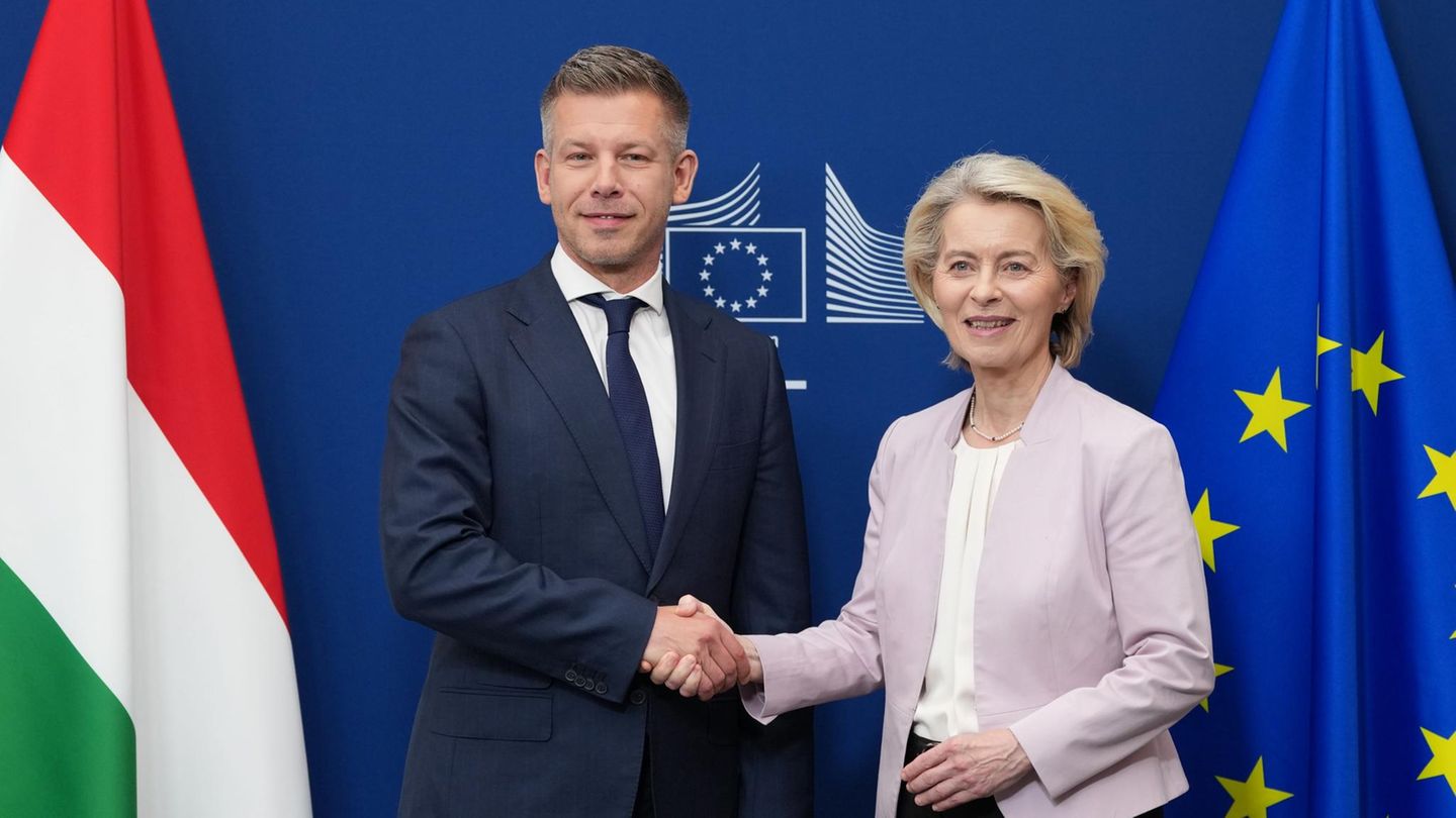 Die Präsidentin der Europäischen Kommission, Ursula von der Leyen, begrüßt den ungarischen Ministerpräsidenten Peter Magyar
