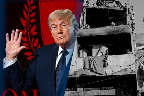 Montage mit Donald Trump und dem Logo des "Board of Peace" sowie dem Gaza-Streifen