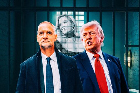 Montage: Tim Leissner und Donald Trump vor Gitterstäben in einem Gefängnis. Im Hintergrund ist Paris Hilton zu sehen.