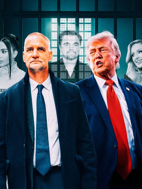 Montage: Tim Leissner und Donald Trump vor Gitterstäben in einem Gefängnis. Im Hintergrund sind Promis zu sehen.