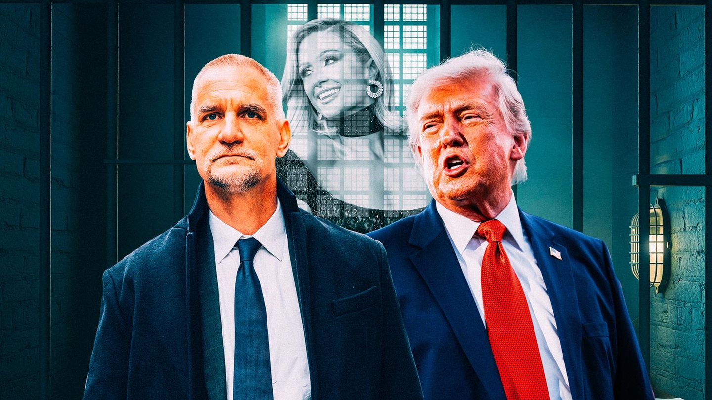 Montage: Tim Leissner und Donald Trump vor Gitterstäben in einem Gefängnis. Im Hintergrund ist Paris Hilton zu sehen.