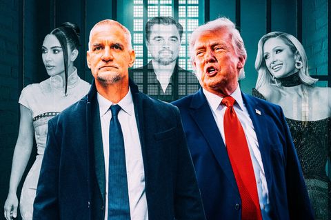 Montage: Tim Leissner und Donald Trump vor Gitterstäben in einem Gefängnis. Im Hintergrund sind Promis zu sehen.