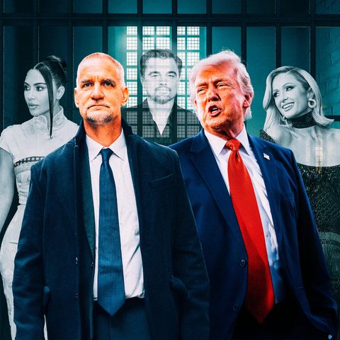 Montage: Tim Leissner und Donald Trump vor Gitterstäben in einem Gefängnis. Im Hintergrund sind Promis zu sehen.