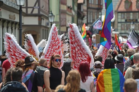 Rund 350 Menschen beteiligten sich nach Angaben der Organisatoren am CSD in Wernigerode. (Archivbild) Foto: Matthias Bein/dpa