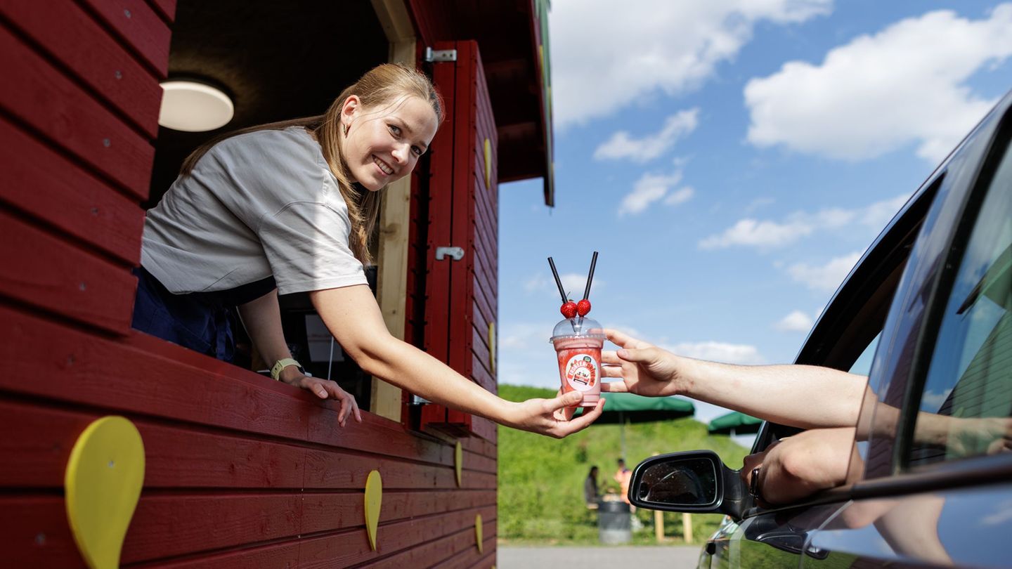 Neben frischen Erdbeeren gibt es auch Eis und Milchshakes im Erdbeer-Drive-in. Foto: David Ebener/dpa