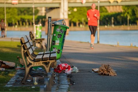 Achtlos hinterlassener Abfall verunstaltet das Erscheinungsbild von Städten - auch hier am Mainufer in Frankfurt. Foto: Andreas
