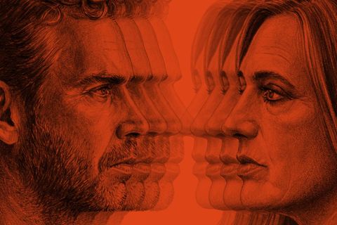 Illustration: Seitenansicht der gegenübergestellt Gesichter von Shawn Grate und Kim Mager