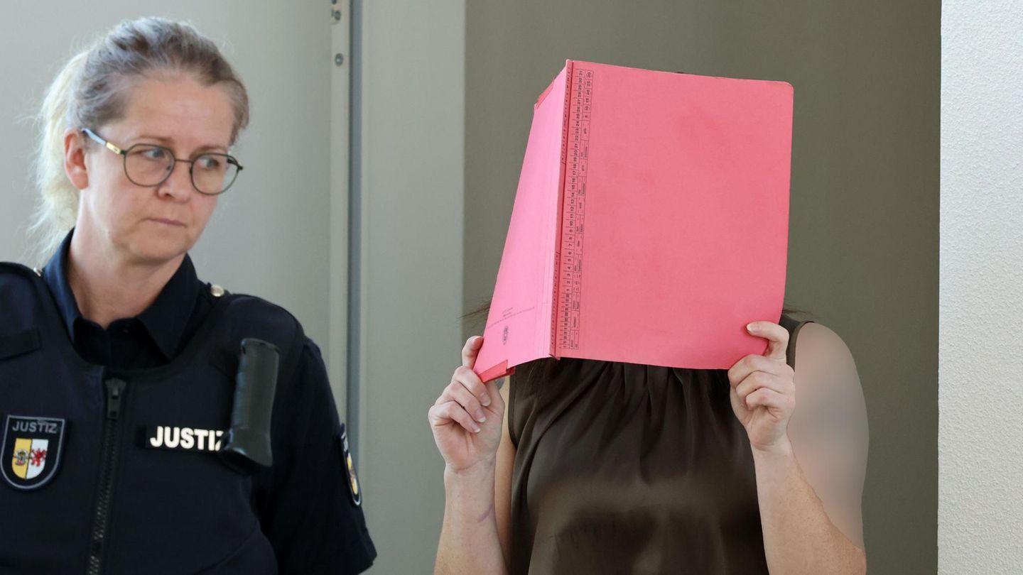 Gina H. verbirgt am achten Prozesstag zum Mord an Fabian aus Güstrow ihr Gesicht hinter einem roten Ordner