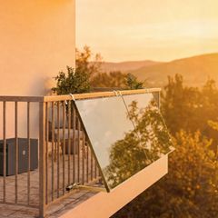 Solarpanels an einem Balkongitter, untergehende Sonne im Hintergrund