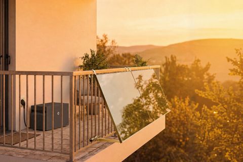 Solarpanels an einem Balkongitter, untergehende Sonne im Hintergrund