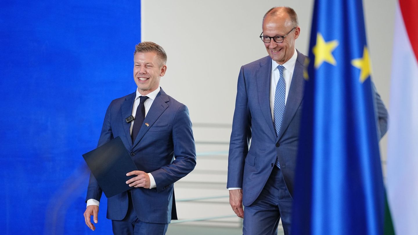 Gut gelaunt im Kanzleramt: Magyar und Merz. Foto: Kay Nietfeld/dpa