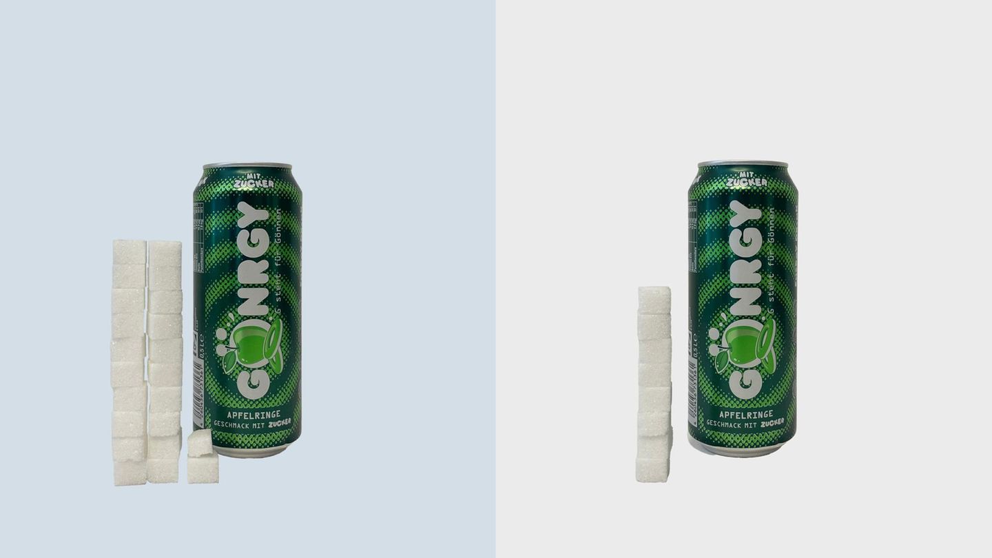 Fast 22 Stück Würfelzucker stecken im Gönrgy-Drink mit Apfelringe-Geschmack. Die Zuckerbombe müsste auf acht Stück entschärft werden, um nicht von der Abgabe betroffen zu sein.