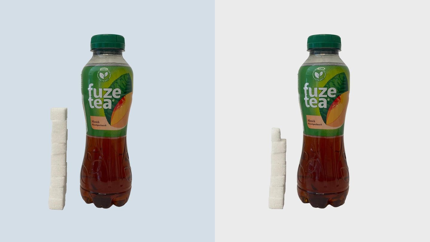 ...und der Zuckerturm im Fuze Tea Pfirsich von Hersteller Coca-Cola von neun auf sechseinhalb Stockwerke abgebaut werden.