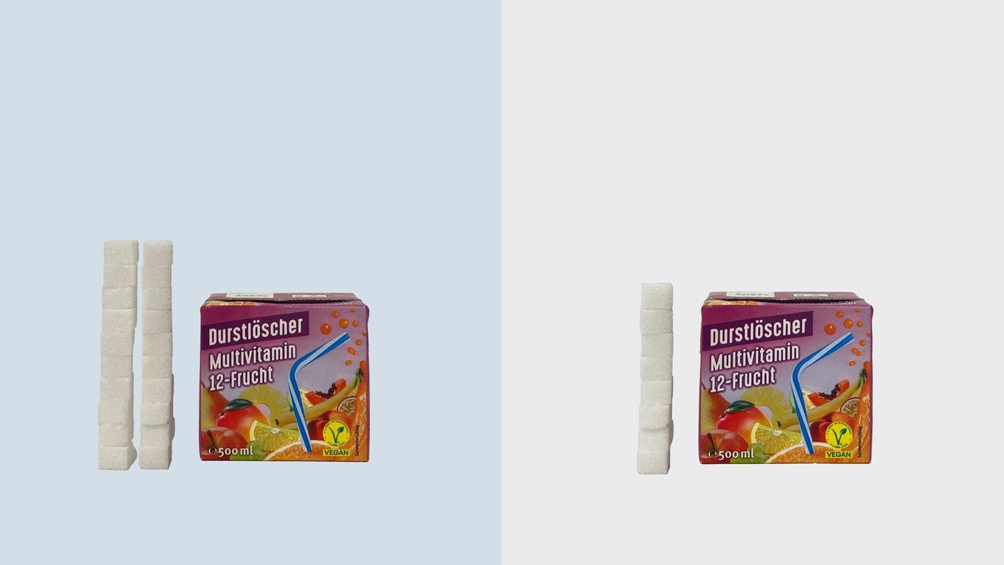Auch der „Multivitamin-Durstlöscher“ enthält vor allem multiviel Zucker, nämlich umgerechnet 20 Würfel. Um von der Zuckersteuer befreit zu bleiben, dürften es noch acht sein.