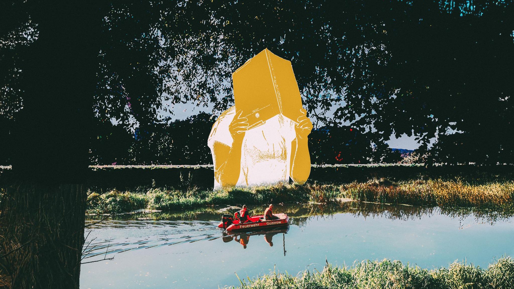 Kollage vom Suchtrupp auf einem Fluss und dem Umriss der Angeklagten Gina H.