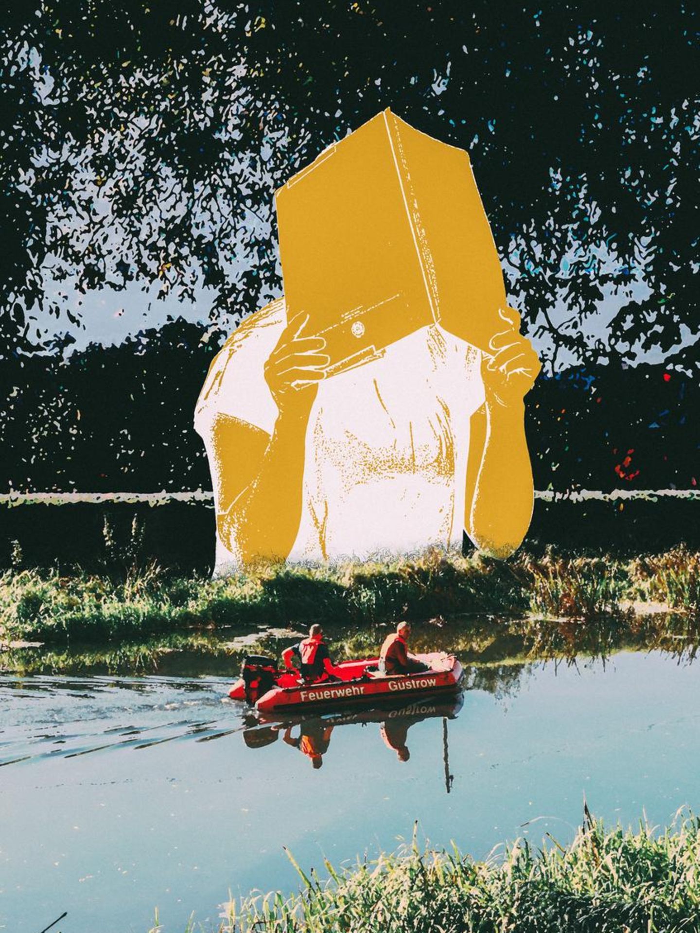 Kollage vom Suchtrupp auf einem Fluss und dem Umriss der Angeklagten Gina H.