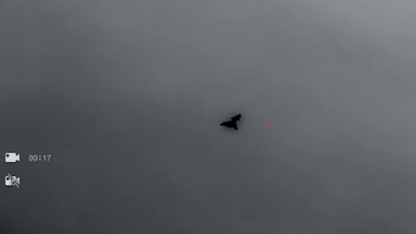 Die schwarze Silhouette eines Kampfflugzeugs unbekannter Bauart
