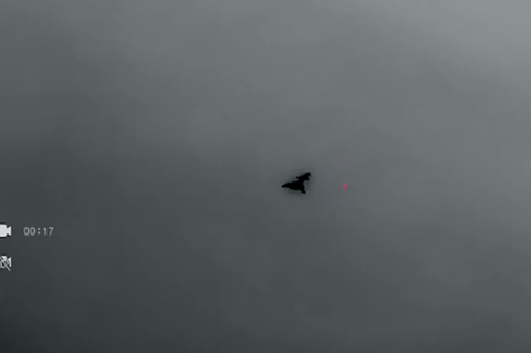 Die schwarze Silhouette eines Kampfflugzeugs unbekannter Bauart