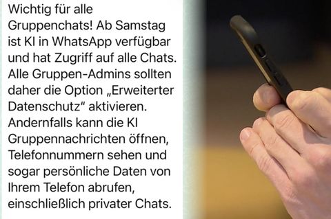 Eine Person am Handy und der eingeblendete Kettenbrief zum Einsatz von KI auf Whatsapp