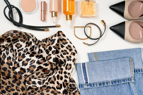 Set of Fashion Collection with Trendy Fashion Clothes and Make-up Cosmetic Products for women in blue and white colours