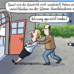 Alice Weidel wird von einem Mann in die Kunstakademie Wiens geschoben