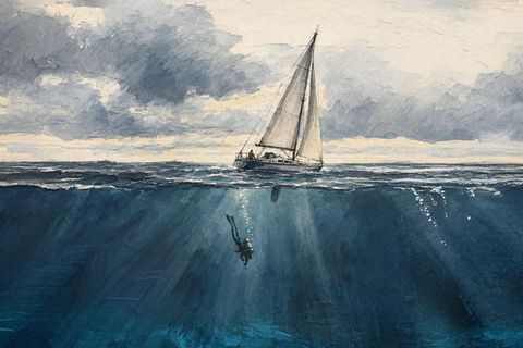 Ein Segelboot auf dem Meer, unter Wasser schwimmt ein Taucher in Richtung Grund
