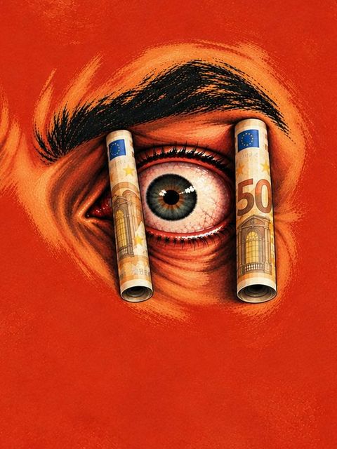 Milliardär-Augen, die mit Geldscheinen aufgehalten werden