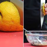 ... dann mit einem scharfen Messer tief einschneiden, aber nicht durchschneiden. Wie auf dem Bild lässt sich nun die Zitrone direkt am Messer wunderbar auspressen. Der Saft läuft zielgenau an der Schneide entlang in die Schale.