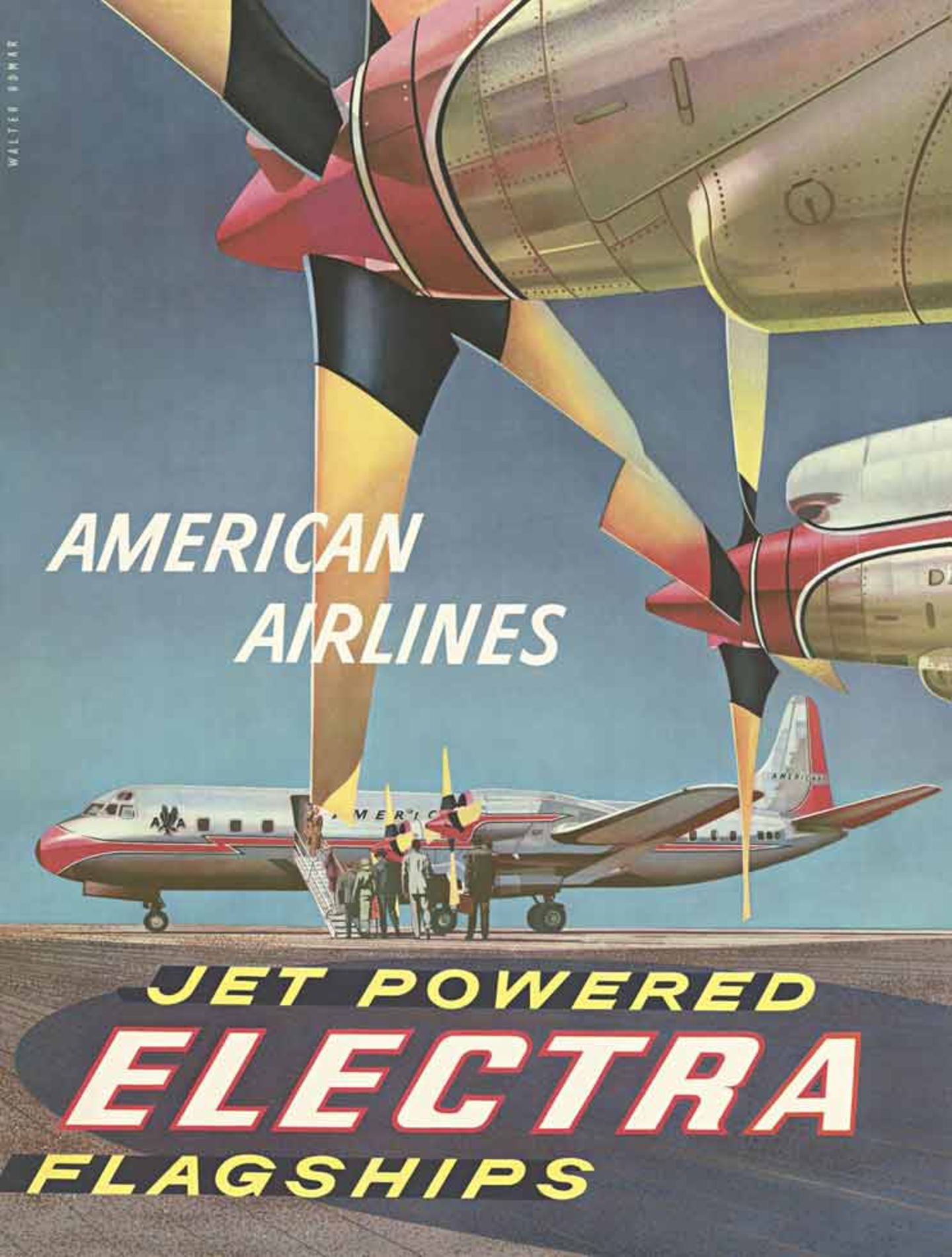 American Airlines warb 1959 mit einem Plakat von Walter Bomar für Flüge mit einem ganz bestimmten Flugzeugtyp: Die viermotorige Lockheed Electra besaß im Gegensatz zu den herkömmlichen Propellermaschinen keinen Kolbenantrieb, sondern bereits moderne Gasturbinen.