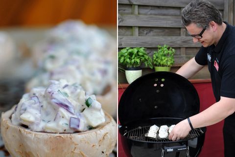 So sollten ihre gefüllten Champignons dann vor dem Grillen aussehen. Grillmeister Breinig hat die Champignons auf eine spezielle Gemüsegrillschale gelegt. Eine Aluschale tut es aber auch. Nicht vergessen, wir grillen hier indirekt. Die Holzkohle liegt also am Rand des Kugelgrills, die Pilze kommen in die Mitte. Deckel zu und bei gut 200 Grad 15 Minuten garen.