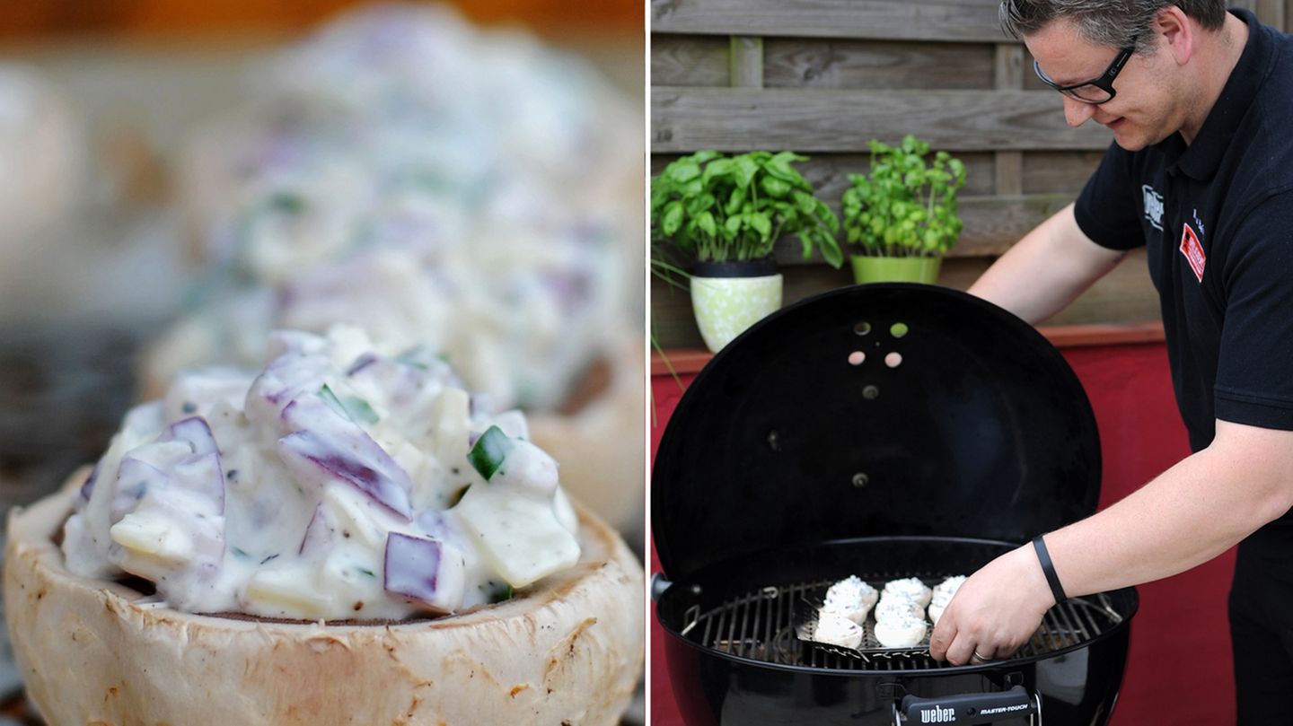 Schluss mit dem kalten Salat!: So sollten ihre gefüllten Champignons dann vor dem Grillen aussehen. Grillmeister Breinig hat die Champignons auf eine spezielle Gemüsegrillschale gelegt. Eine Aluschale tut es aber auch. Nicht vergessen, wir grillen hier indirekt. Die Holzkohle liegt also am Rand des Kugelgrills, die Pilze kommen in die Mitte. Deckel zu und bei gut 200 Grad 15 Minuten garen. So sollten ihre gefüllten Champignons dann vor dem Grillen aussehen. Grillmeister Breinig hat die Champignons auf eine spezielle Gemüsegrillschale gelegt. Eine Aluschale tut es aber auch. Nicht vergessen, wir grillen hier indirekt. Die Holzkohle liegt also am Rand des Kugelgrills, die Pilze kommen in die Mitte. Deckel zu und bei gut 200 Grad 15 Minuten garen.