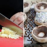 Nun geht es dem Parmesan an den Kragen. Man könnte ihn auch hobeln, doch die geschnittenen Stücke passen optisch und später auch im Mund besser zu den geschnitten Zwiebeln. Den Käse noch in die Schüssel geben, alles gut miteinander vermengen und dann ab auf die Pilze. Überfrachten Sie die Pilze nicht! Die leckeren Dinger sind schließlich nicht als Hauptgang gedacht.