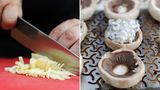 Nun geht es dem Parmesan an den Kragen. Man könnte ihn auch hobeln, doch die geschnittenen Stücke passen optisch und später auch im Mund besser zu den geschnitten Zwiebeln. Den Käse noch in die Schüssel geben, alles gut miteinander vermengen und dann ab auf die Pilze. Überfrachten Sie die Pilze nicht! Die leckeren Dinger sind schließlich nicht als Hauptgang gedacht.