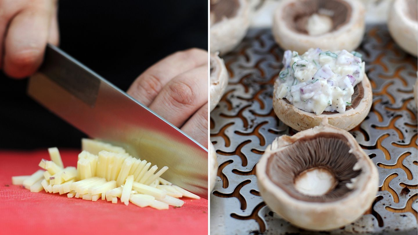 Nun geht es dem Parmesan an den Kragen. Man könnte ihn auch hobeln, doch die geschnittenen Stücke passen optisch und später auch im Mund besser zu den geschnitten Zwiebeln. Den Käse noch in die Schüssel geben, alles gut miteinander vermengen und dann ab auf die Pilze. Überfrachten Sie die Pilze nicht! Die leckeren Dinger sind schließlich nicht als Hauptgang gedacht.