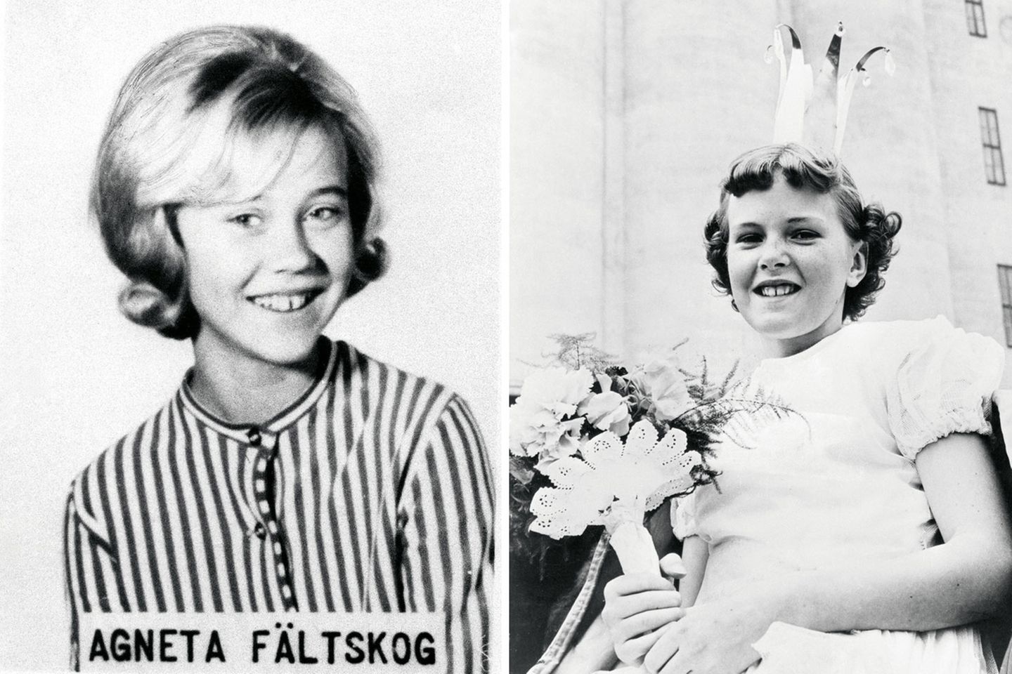Bildband: Das linke Bild zeigt Sängerin Agneta Fältskog im Jahr 1963, damals war sie 13 und ging noch zur Schule. Rechts: Anni-Frid "Frida" Synne Lyngstad 1956 im Alter von elf Jahren. Als Tochter einer Norwegerin und eines deutschen Besatzungssoldaten hatte sie keine leichte Kindheit. Ihre Mutter starb noch vor ihrem zweiten Geburtstag, ihren Vater lernte sie erst 1977 kennen. Das linke Bild zeigt Sängerin Agneta Fältskog im Jahr 1963, damals war sie 13 und ging noch zur Schule. Rechts: Anni-Frid "Frida" Synne Lyngstad 1956 im Alter von elf Jahren. Als Tochter einer Norwegerin und eines deutschen Besatzungssoldaten hatte sie keine leichte Kindheit. Ihre Mutter starb noch vor ihrem zweiten Geburtstag, ihren Vater lernte sie erst 1977 kennen
