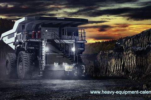 Size matters - das gilt auch für Baumaschinen. Diesen Giganten, die auf keine Landstraße passen, huldigt jedes Jahr der   Heavy Equipment Caldendar. Er versammelt die größten Monster auf vier und mehr Rädern.   Das Jahr 2014 startet mit dem Liebherr T 264. 400 Tonnen bringt er beladen auf die Waage. 2700 PS aus 72 Litern Hubraum beschleunigen den Muldenkipper auf bis zu 64 km/h Geschwindigkeit. Vor Unfällen schützt ein Kollisionsradar. Ein Pkw würde von den Reifen mit einem Durchmesser von rund 3,50 Meter einfach untergepflügt.