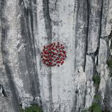 Rote Punkte bilden einen kreisrunden Farbklecks an der Felswand. Für diese Aufnahme reisten Bösch und seine Bergführer in den Süden der Schweiz, in den Tessin.
