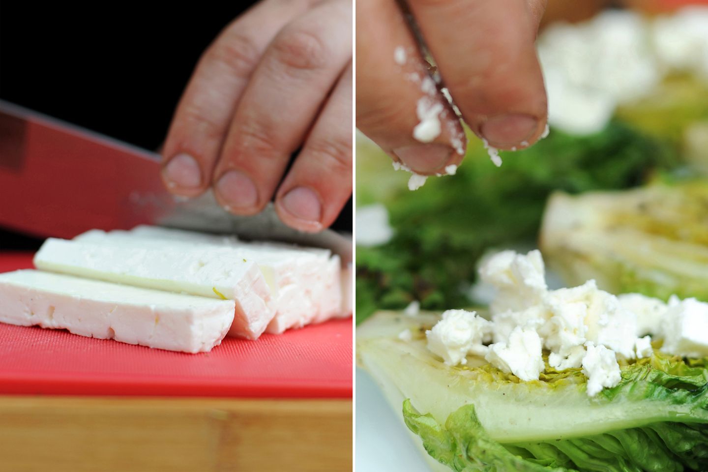 Während der Salat auf dem Grill liegt, nutzen wir die Zeit, um die weiteren Zutaten vorzubereiten. Der Feta ist schnell geschnitten und wird über den warmen Salat gekrümelt.