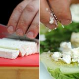 Während der Salat auf dem Grill liegt, nutzen wir die Zeit, um die weiteren Zutaten vorzubereiten. Der Feta ist schnell geschnitten und wird über den warmen Salat gekrümelt.