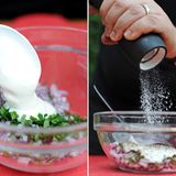 Zu den Zwiebeln und der Petersilie kommt nun der Joghurt und die saure Sahne. Jetzt noch mit Salz und Pfeffer abschmecken.