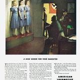 Wir befinden uns im Kriegsjahr 1943. Im Hintergrund ist das Hakenkreuz erkennbar. Im Vordergrund mustern Nazis amerikanische Mädchen, um sie zur Züchtung einer Herrenrasse in nordische Länder zu verfrachten. Damit das nicht passiert, müssen alle ihr bestes geben. Mit solch verqueren Gedanken warb damals die American Locomotive Company.