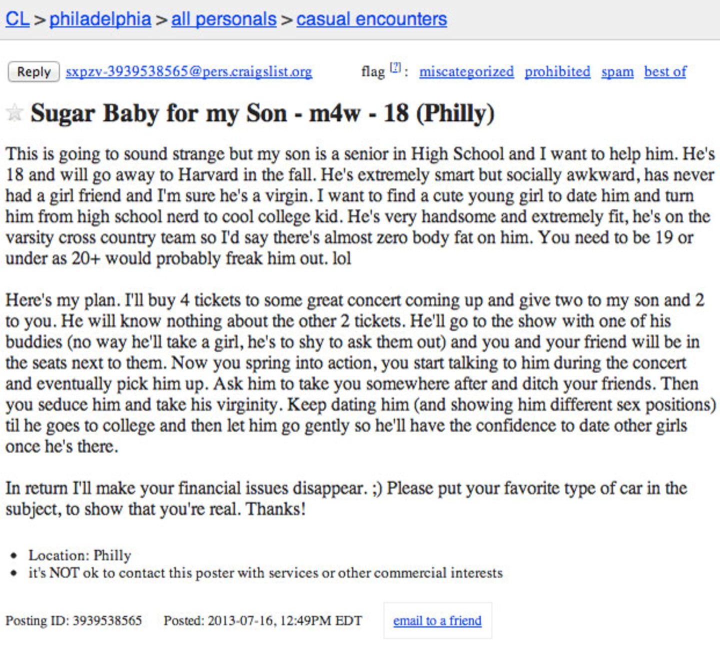 Ob echt oder Fake: Die Anzeige einer US-Mutter sorgt auf jeden Fall für Aufsehen.