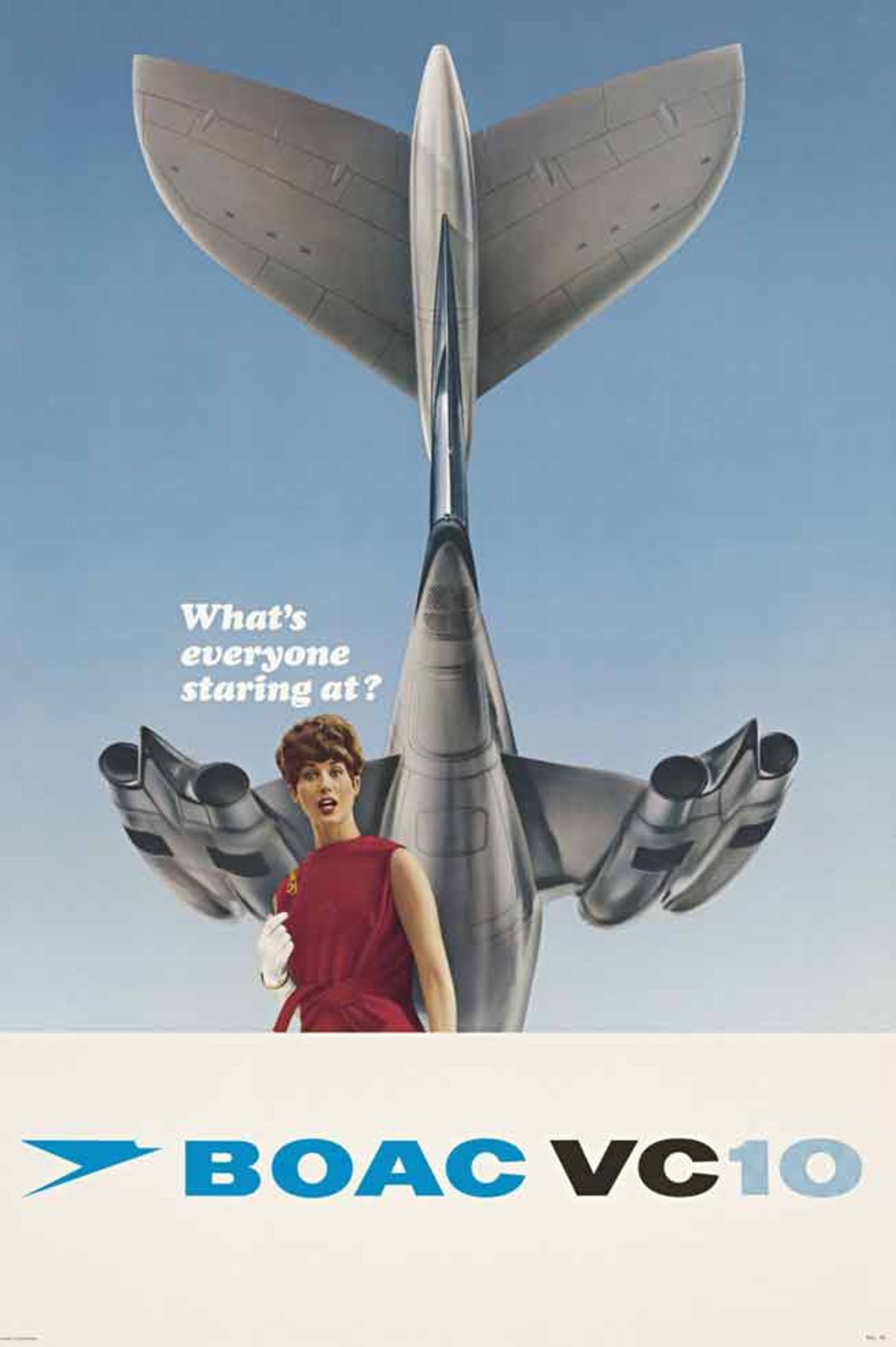 Stewardess und Triebwerke als Blickfang im Jahre 1966: Airline und Flugzeug sind heute längst Geschichte. British Overseas Airways Corporation (BOAC) war eine der beiden Vorläufer von British Airways und setzte für ihre Langstreckenflüge nach Nordamerika, Südafrika und Australien die Vickers VC10 ein, eine Konstruktion der British Aircraft Corporation mit vier Tiebwerken am Heck.